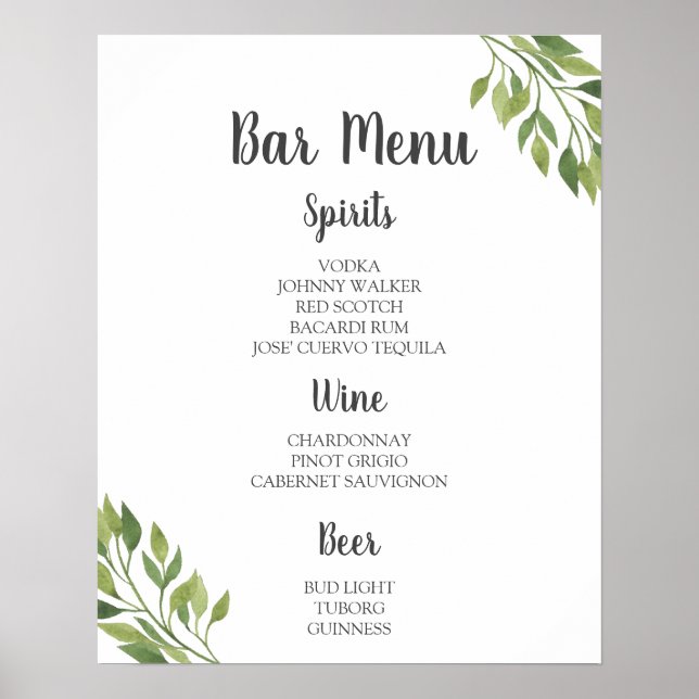 BAR MENU sign | greenery botanical wedding bar (Front)