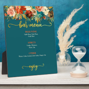 Bar Menu Sign - Teal & Orange Floral Plaque