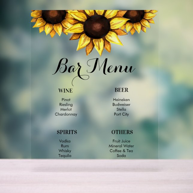 Bar Menu Sunflower Wedding Yellow Acrylic Sign (Neutral)