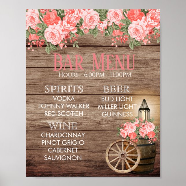 Bar Menu -  Weathered Wood Barrel - Coral Poster (Front)