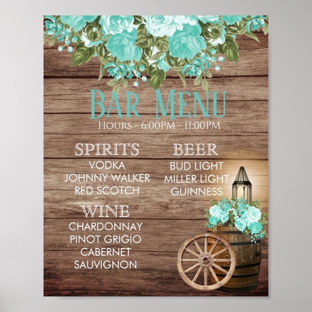 Bar Menu -  Weathered Wood Barrel - Teal Poster (Front)