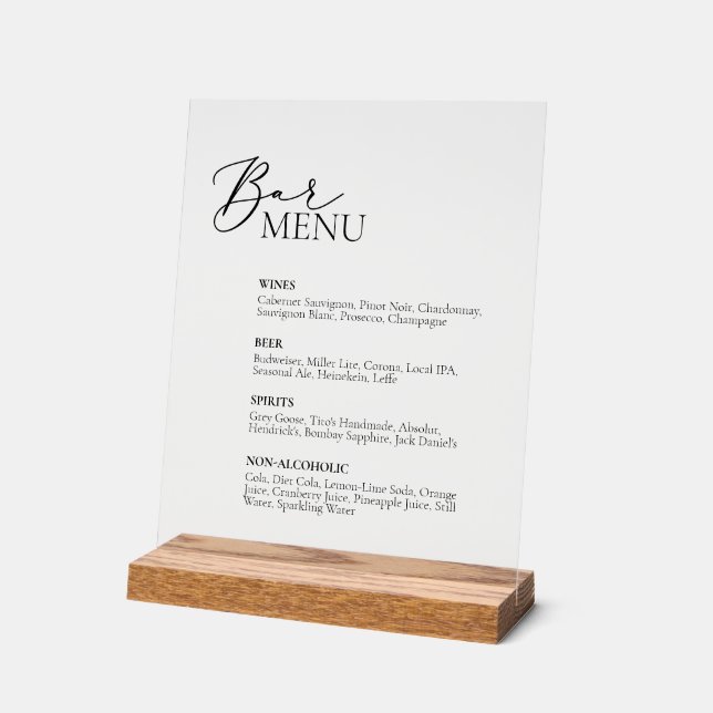 Bar Menu Wedding Bar Acrylic Sign (Angle)
