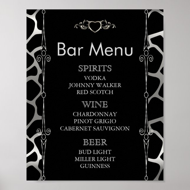 Bar Menu -  Wedding in Silver & Black Giraffe Poster (Front)