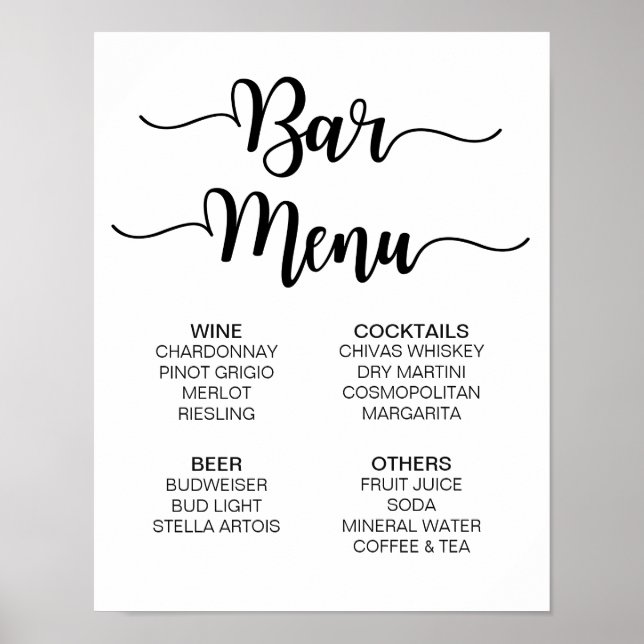 Bar Menu Wedding Sign | Modern Calligraphy (Front)