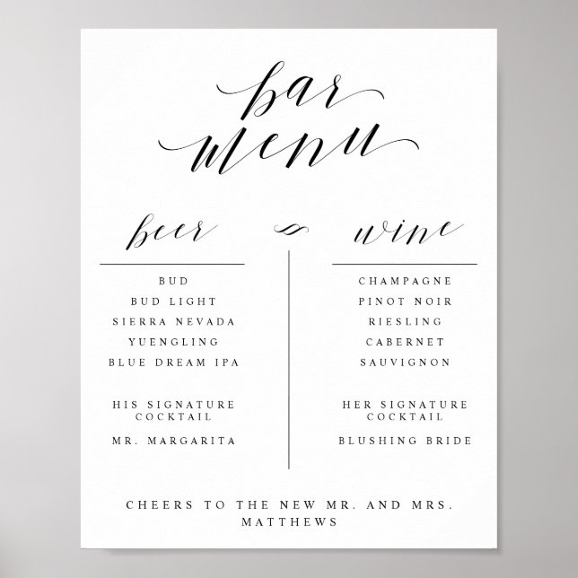 Bar Menu With Wine Beer and Cocktail List Sign (Front)