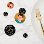 Bar Mitzvah 2 Photo Black Gold Tallit Script Bold Confetti<br><div class="desc">Add some extra style to your favourite Bar Mitzvah’s celebration party with this customisable table confetti! Graphic faux gold foil handwritten script typography, hand drawn tallit lines, Star of David and bold, white sans serif typography overlay a sophisticated, dramatic black background on one side. Your Bar Mitzvah’s photos are on...</div>