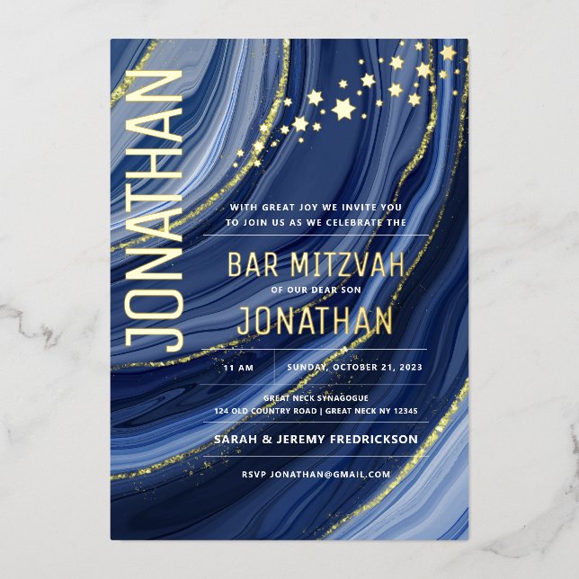 Bar Mitzvah Agate Marble REAL GOLD Foil Invitation (Front)