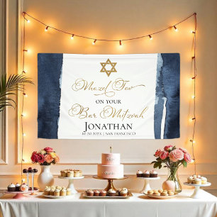 Bar Mitzvah Banner   Navy Blue Watercolor Abstract