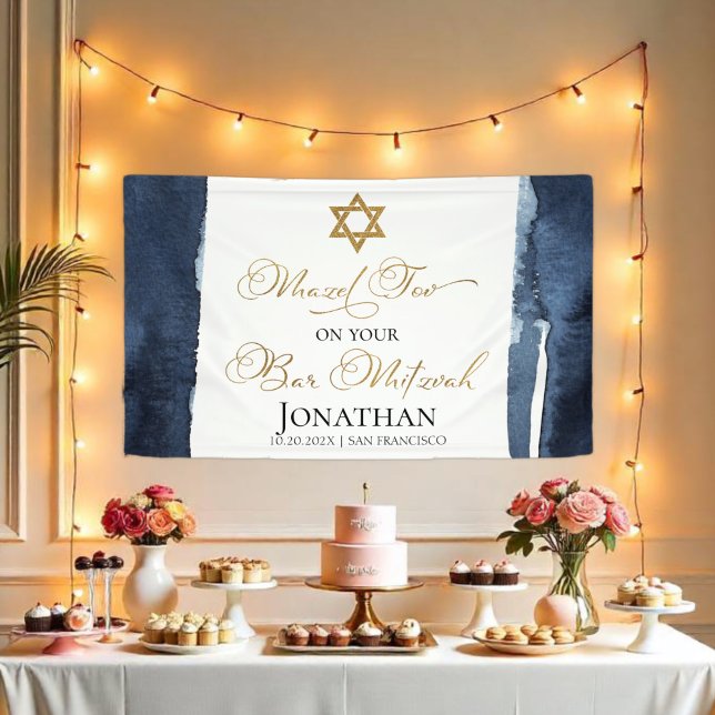 Bar Mitzvah Banner | Navy Blue Watercolor Abstract (Creator Uploaded)