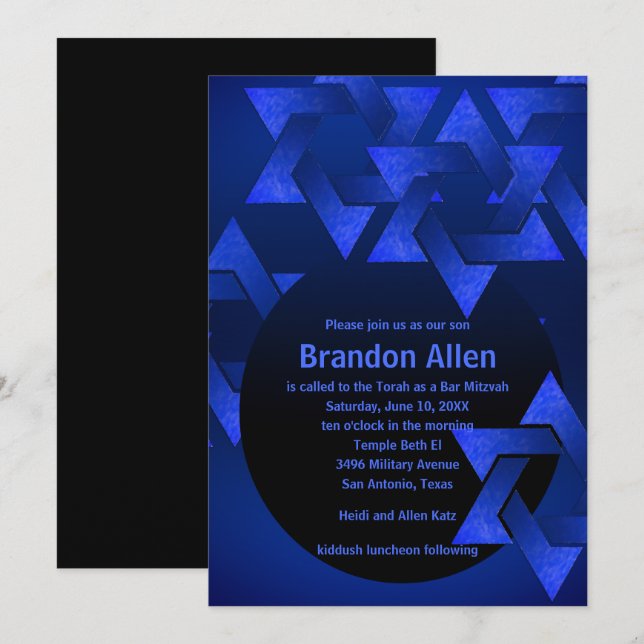 Bar Mitzvah Black and Blue Star of David Invitation (Front/Back)