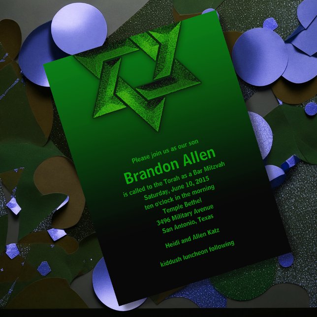 Bar Mitzvah Black and Green Star of David Invitation (Creator Uploaded)