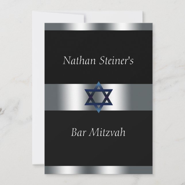 Bar Mitzvah, Black and Silver, Elegant Invitation (Front)