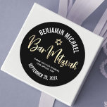 Bar Mitzvah Black Gold Foil Script Bold Modern Classic Round Sticker<br><div class="desc">Be proud, rejoice and showcase this milestone of your favourite Bar Mitzvah! Use this cool, unique, modern, personalised sticker to add to his special day. Graphic faux gold foil handwritten script typography and a faux gold Star of David overlay a sophisticated, dramatic black background. Personalise the custom text with your...</div>