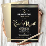 Bar Mitzvah Black Gold Foil Script Hebrew Name Invitation<br><div class="desc">Be proud, rejoice and showcase this milestone of your favourite Bar Mitzvah! Send out this stunning, modern, sophisticated, personalised Hebrew name invitation for an event to remember. Graphic faux gold foil calligraphy script, Star of David, and hand drawn tallit lines, overlay a rich, dramatic, black background. A faux gold Star...</div>