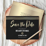 Bar Mitzvah Black Gold Foil Script Tallit Modern Save The Date<br><div class="desc">Make sure all your friends and relatives will be able to celebrate your son’s milestone Bar Mitzvah! Send out this stunning, modern, “Save the Date” announcement card. Graphic faux gold foil calligraphy script, Star of David, and hand drawn tallit lines, overlay a rich, dramatic, black background. Personalise the custom text...</div>