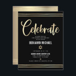 Bar Mitzvah Black Gold Foil Tallit Script Modern Enclosure Card<br><div class="desc">Be proud, rejoice and showcase this milestone of your favourite Bar Mitzvah! Include this stunning, modern, personalised insert for additional information to your event. Graphic faux gold foil calligraphy script, Star of David, and hand drawn tallit lines overlay a rich, dramatic, black background. A faux gold Star of David and...</div>