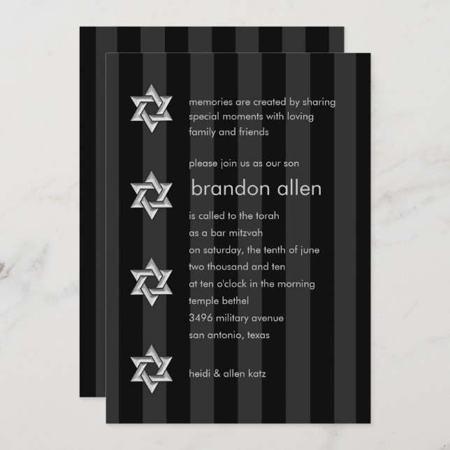 Bar Mitzvah Black Stripe Silver Star Invitation (Front/Back)