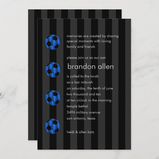 Bar Mitzvah Blue and Black Soccer Ball Invitation (Front/Back)