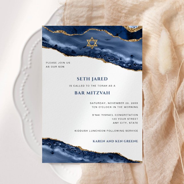 Bar Mitzvah, Blue and Gold Agate Border Invitation (Creator Uploaded)