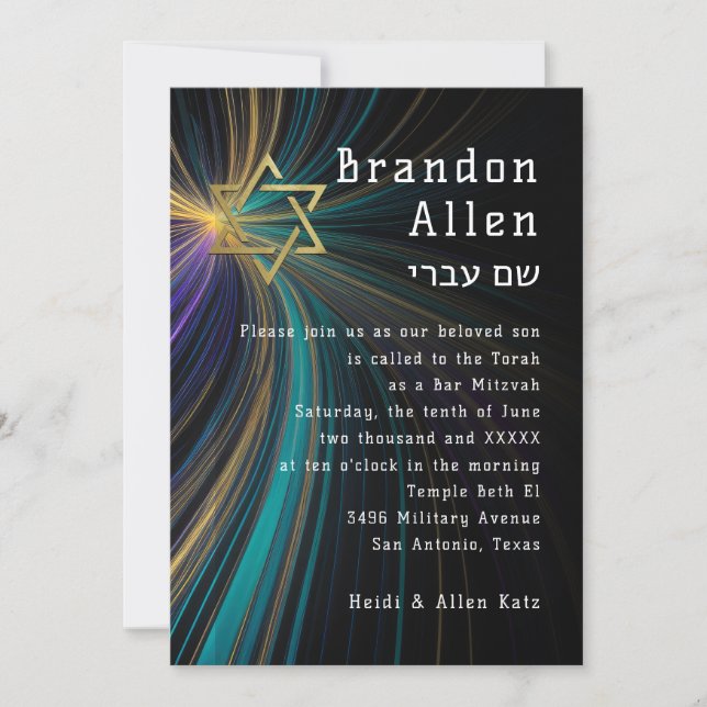 Bar Mitzvah Blue and Gold Rays Invitation (Front)