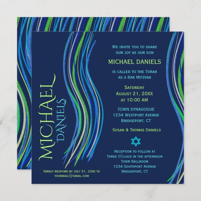 Bar Mitzvah Blue and Green Prayer Shawl Invitation (Front/Back)