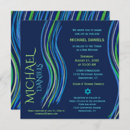 Bar Mitzvah Blue and Green Prayer Shawl Invitation