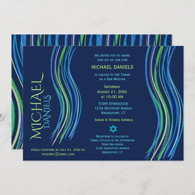 Bar Mitzvah Blue and Green Prayer Shawl Invitation (Front/Back)