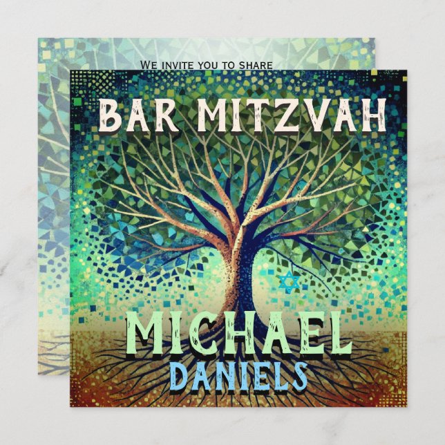 Bar Mitzvah Blue and Green Tree of Life Invitation (Front/Back)