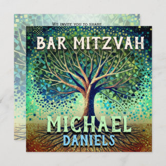 Bar Mitzvah Blue and Green Tree of Life Invitation