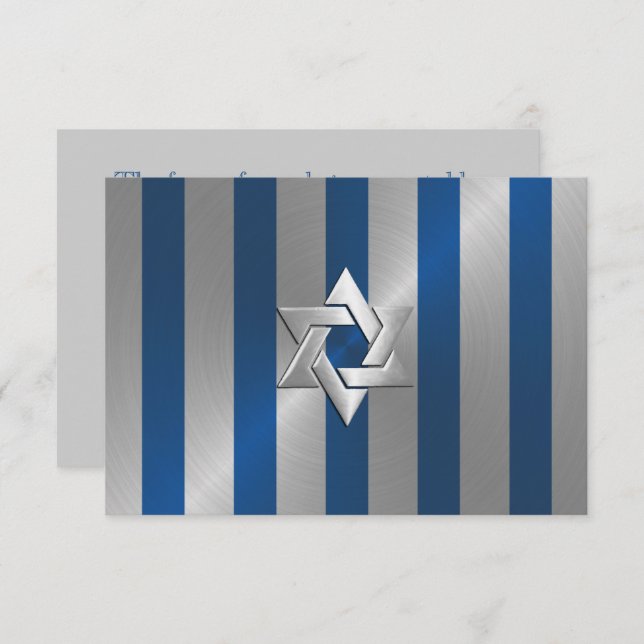 Bar Mitzvah Blue and Silver Stripe Star of David RSVP Card (Front/Back)