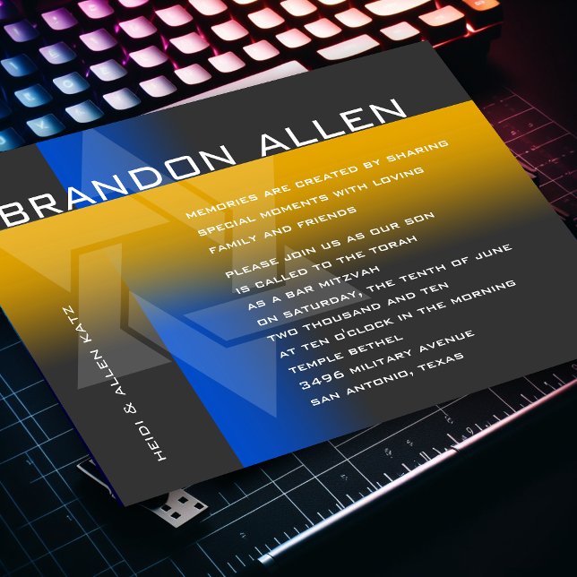 Bar Mitzvah Blue and Yellow on Any Colour Invitation (Creator Uploaded)