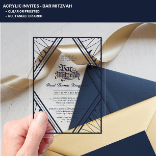 BAR MITZVAH Blue Gold Clear Luxury Minimalist Acrylic Invitations