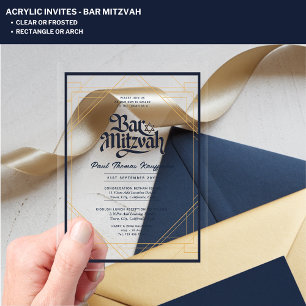 BAR MITZVAH Blue Gold Elegant Clear Minimalist Acrylic Invitations