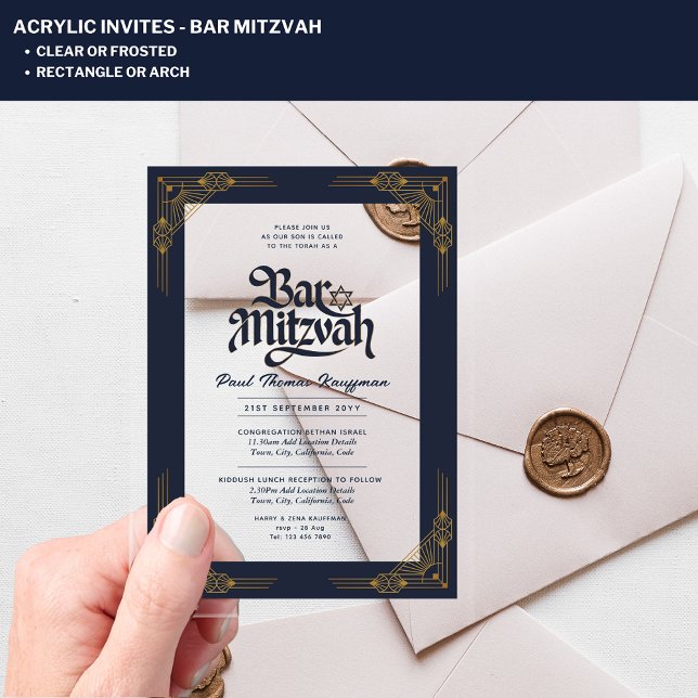 BAR MITZVAH Blue Gold Elegant Luxury Minimalist Acrylic Invitations (Creator Uploaded)