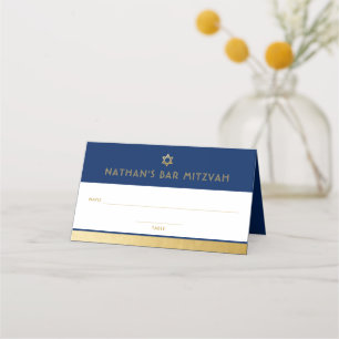Bar Mitzvah Blue Gold Modern Folded Place Card