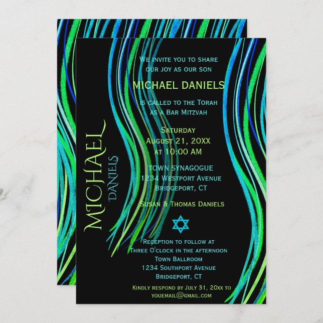 Bar Mitzvah Blue Neon Green Prayer Shawl Invitation (Front/Back)