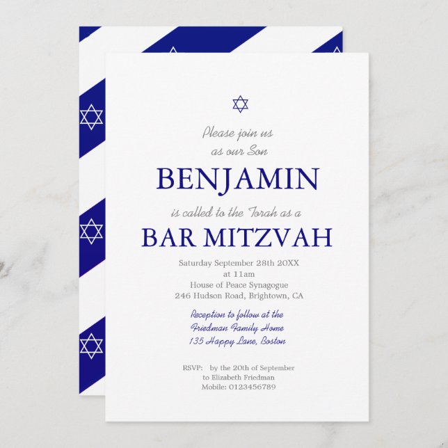 Bar Mitzvah Blue Pattern Star of David Jewish    I Invitation (Front/Back)