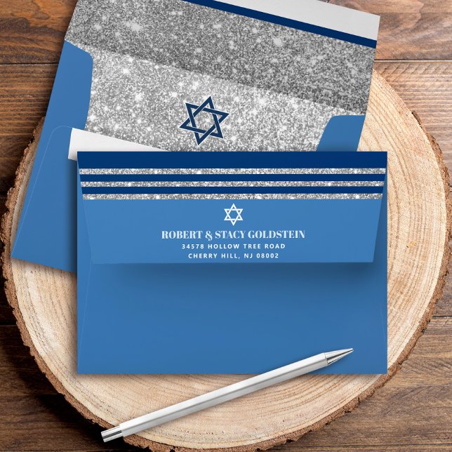 Bar Mitzvah Blue Silver Glitter Tallit Simple Bold Envelope (Creator Uploaded)