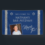 Bar Mitzvah Blue Silver Mazel Tov Congrats Banner<br><div class="desc">Bar Mitzvah Welcome and Mazel Tov Congratulations Banner with Personalised photo on a navy blue background with silver sparkly glitter stripe border edges. Add custom wording, fonts, or more photos and remove the gold glittler border by clicking "Customise Further." For matching and coordinating items, contact the Paper Grape Zazzle Designer...</div>