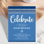 Bar Mitzvah Blue Silver Tallit Bold Modern Script  Enclosure Card<br><div class="desc">Be proud, rejoice and showcase this milestone of your favourite Bar Mitzvah! Include this cool, unique, modern, personalised insert for additional information to your event. Bold, white script typography, Star of David and a navy blue and silver glitter striped tallit inspired graphic overlay a simple, cornflower blue background. Personalise the...</div>