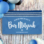 Bar Mitzvah Blue Silver Tallit Bold Script Modern Banner<br><div class="desc">Be proud, rejoice and showcase this milestone of your favorite Bar Mitzvah! Hang up this cool, unique, modern, personalized banner to add to his special day. Bold, white script typography, Star of David and a navy blue and silver glitter striped tallit inspired graphic overlay a simple, cornflower blue background. Personalize...</div>