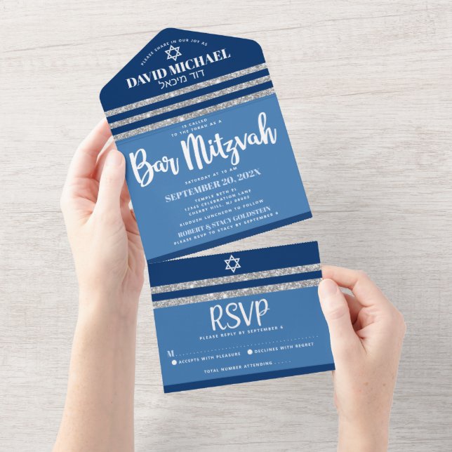 Bar Mitzvah Blue Silver Tallit Modern Bold Script All In One Invitation (Tearaway)