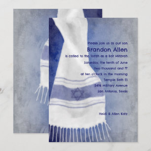 Bar Mitzvah Blue White Star of David Tallit Invitation
