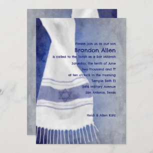 Bar Mitzvah Blue White Star of David Tallit Invitation