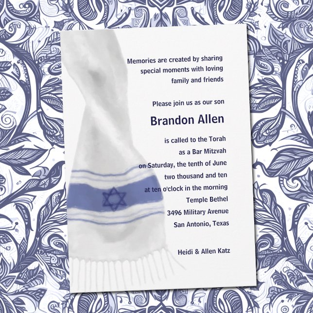 Bar Mitzvah Blue White Star of David Tallit Invitation (Creator Uploaded)