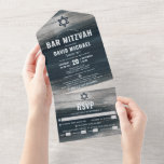 Bar Mitzvah Bold Modern Charcoal Grey Silver Foil All In One Invitation<br><div class="desc">Be proud, rejoice and showcase this milestone of your favourite Bar Mitzvah! Send out this cool, unique, modern, custom all-in-one invitation for an event to remember. Faux metallic silver foil brush strokes and Star of David, along with bold, white typography, overlay a rich, dark charcoal grey blue ombre paint background....</div>
