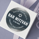 Bar Mitzvah Bold Modern Charcoal Grey Silver Foil  Classic Round Sticker<br><div class="desc">Be proud, rejoice and showcase this milestone of your favourite Bar Mitzvah! Use this cool, unique, modern, personalised sticker to add to his special day. Metallic silver foil brush strokes and Star of David, along with bold, white typography, overlay a rich, dark charcoal grey blue ombre paint background. Personalise the...</div>