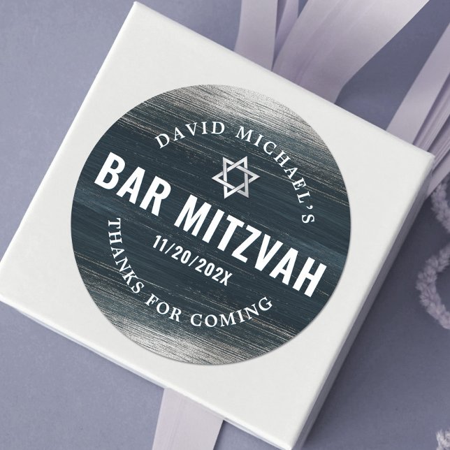 Bar Mitzvah Bold Modern Charcoal Grey Silver Foil  Classic Round Sticker (Creator Uploaded)
