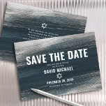 Bar Mitzvah Bold Modern Charcoal Grey Silver Foil  Save The Date<br><div class="desc">Make sure all your friends and relatives will be able to celebrate your son’s milestone Bar Mitzvah! Send out this cool, unique, modern, personalised “Save the Date” announcement card. Metallic silver foil brush strokes and Star of David, along with bold, white typography, overlay a rich, dark charcoal grey blue ombre...</div>