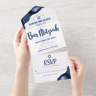 Bar Mitzvah Bold Modern Navy Blue Agate Script All In One Invitation